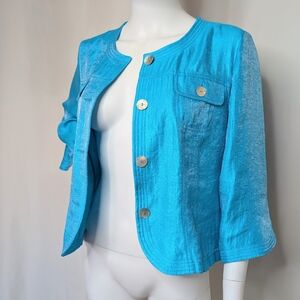 Y2K Bright Blue Iridescent Crop Sleeve Lightweight Blazer Jacket